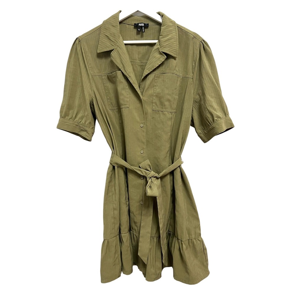 Paige Shirt Dress Womens XL Olive Green Belted Ruffle Hem Utility Safari